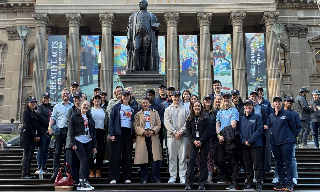 Group of people outside Parliament of Victoria