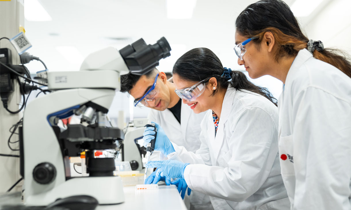 3 lab technicians in a lab examining a sample.