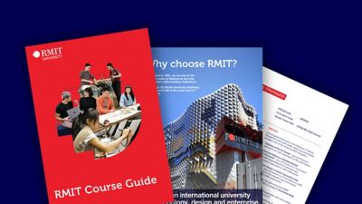 Three pages from the RMIT international student brochure over a navy background.