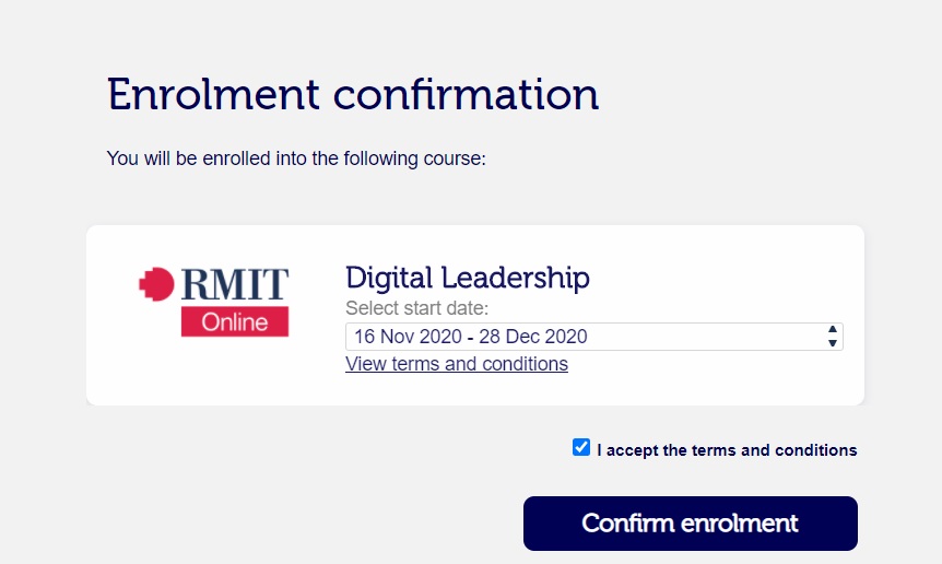 Screenshot of enrolment confirmation page